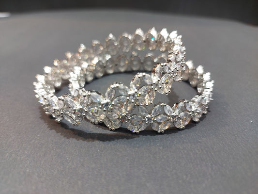 Rhodium-Plated Silver Toned White Floral American Diamond studded Bangles Jewellery Set for Girls and Women (Set Of 2)