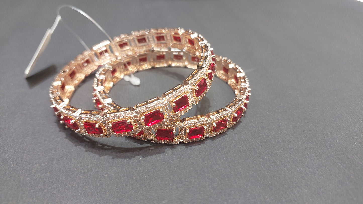 Emerald Amercian Diamond Metal Bangles Set Kada For Women & Girls with Gold Zircon Gemstones