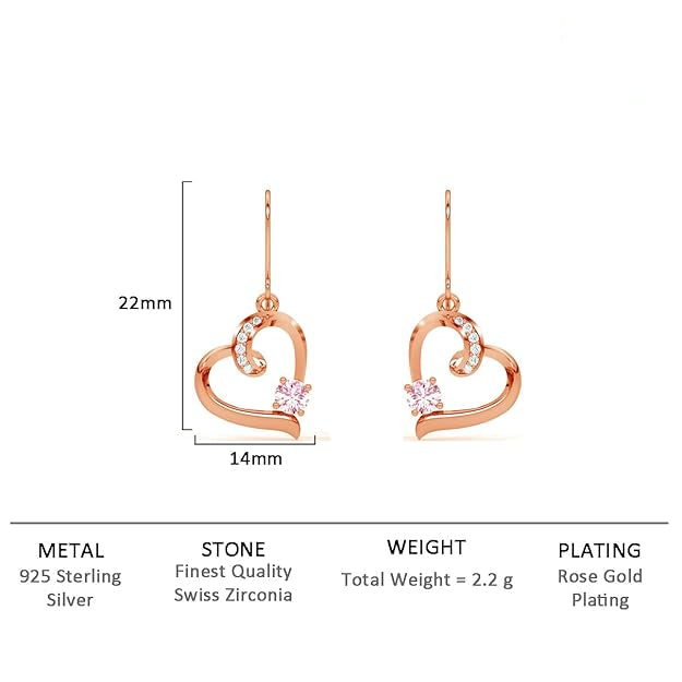 Pink Heart Earring in Sterling Silver Pendant Design with Rose Gold Plated Swiss Zirconia