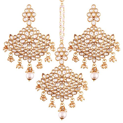 Mang Tikka Set in Gold Plated Kundan & Pearl Traditional Earring Design