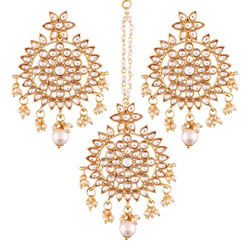 Pearl and Earring Set in Gold Plated Kundan & Pearl Design with Maang Tikka