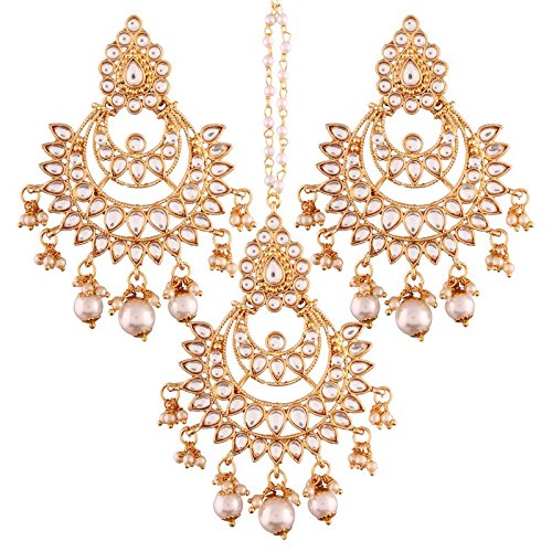 Earrings Set with Maang Tikka in Gold Plated Kundan & Pearl Traditional Design