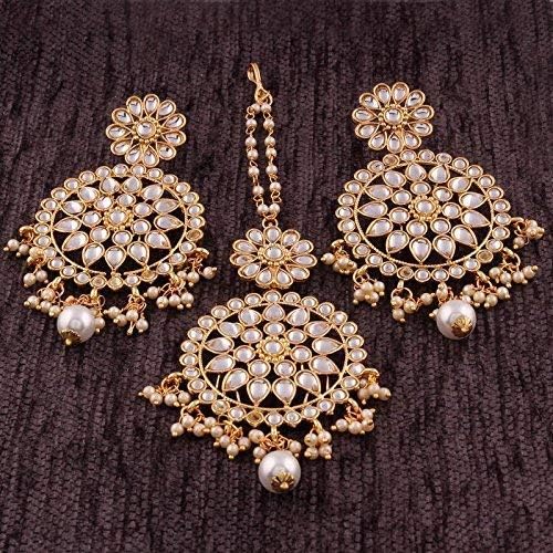 Indian Head Jewelry in 18K Gold Plated Kundan & Pearl Chandbali Earring Set