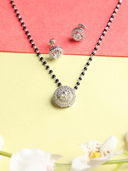Mangalsutra with Earrings in 925 Sterling Silver Contemporary Stone Studded Platinum Plated Jewellery Set