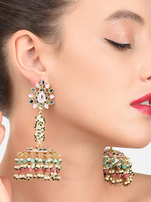 Meenakari Jhumka Earrings With Multicolor Beads