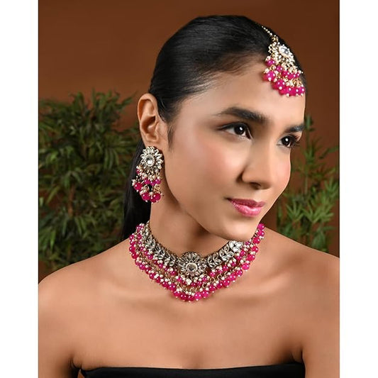 Kundan Choker Necklace Set in 18K Gold Plated Traditional Kundan Studded Pearl Hanging Choker Necklace Jewellery Set with Earrings and Maang Tikka
