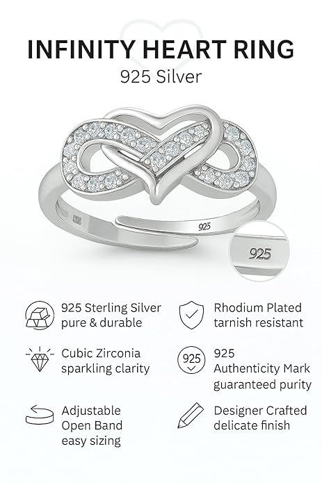 Diamond Engagement Rings in Pure Silver Infinity Heart Style Adjustable Design