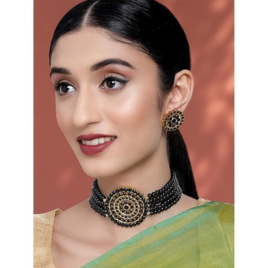 Pearl Choker Necklace Round Earrings Set