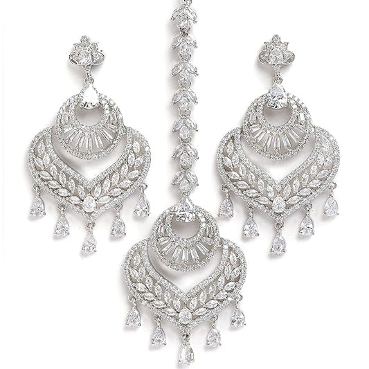 AD Mang Tika in Rhodium Plated Stylish Shiny Round Design Maang Tikka Earring Jewellery Set
