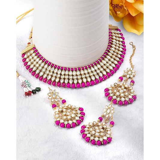 Kundan Necklace in Gold Plated White Pearl Kundan Choker Necklace with Earrings and Maang Tikka Jewellery Set for Women