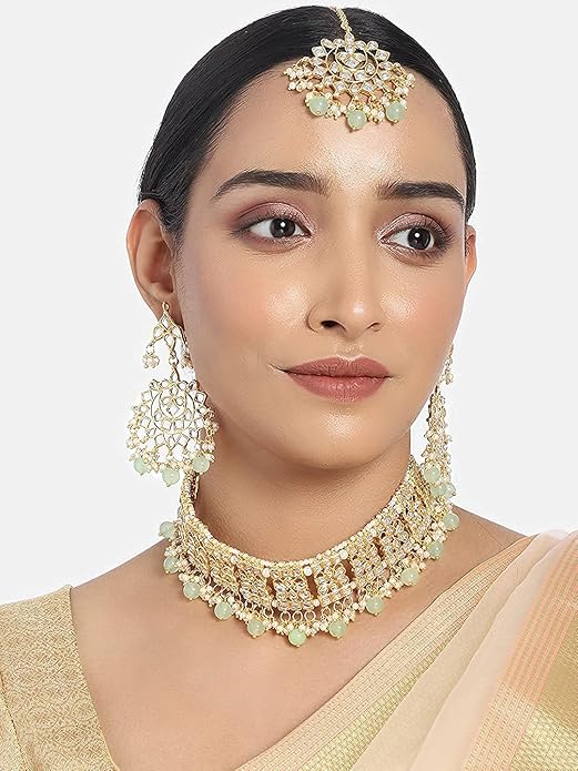 Kundan Choker Set in 18K Gold Plated Traditional Kundan and Pearl Studded Choker Necklace Jewellery Set with Earrings and Maang Tikka