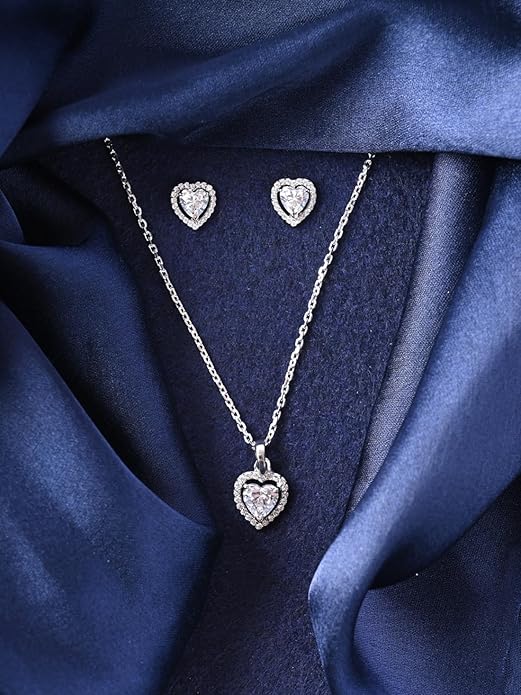 Diamond Pendant Set with Earrings in Sterling Silver Zilvia Heart Solitaire Design with Platinum Plated Swiss Zirconia
