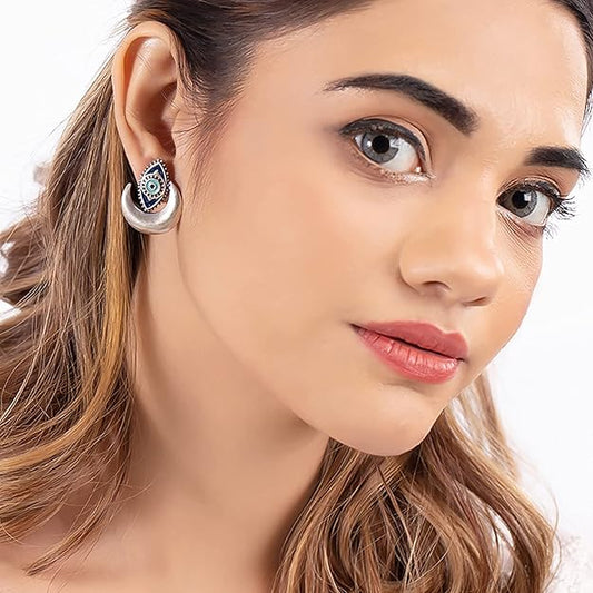 Oxidised Evil Eye Crescent Silver Stud Earrings