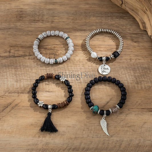 Bohemian I Love You Feather Charm Beaded Multilayer Bracelet for Women & Girls