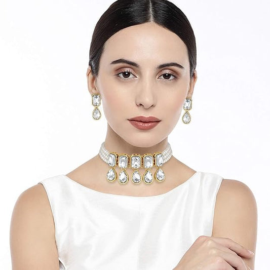 Indian Choker Set in Traditional Crystal and Pearl Choker Necklace with Earrings Jewellery Set for Women and Girls
