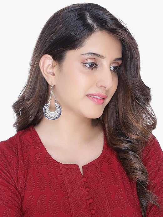 German Silver Oxidised Chandbali Earrings