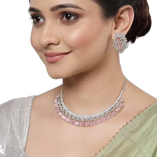 AD Jewellery Set in Rhodium Plated Silver Toned White American Diamond Studded Necklace with Earrings for Women and Girls