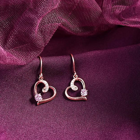Pink Heart Earring in Sterling Silver Pendant Design with Rose Gold Plated Swiss Zirconia