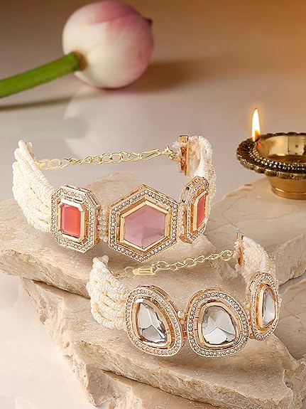 Beads Bracelet in Pink & Gold Multistrand Kundan Ethnic Style (Set of 2)