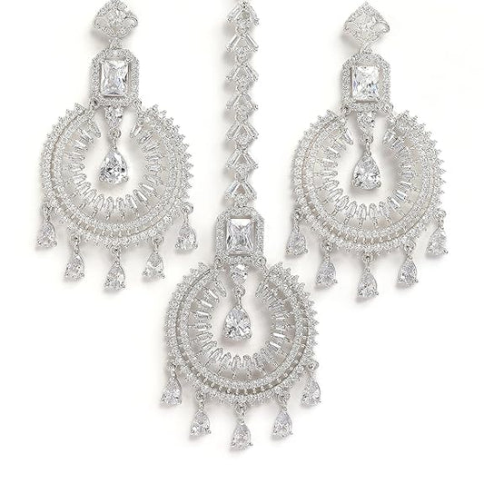 Diamond Shape Maang Tikka in Rhodium Plated Stylish Shiny Round Design Earring Jewellery Set
