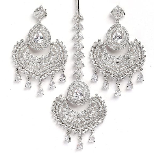 Small Diamond Maang Tikka in Rhodium Plated Stylish Shiny Round Design Earring Set