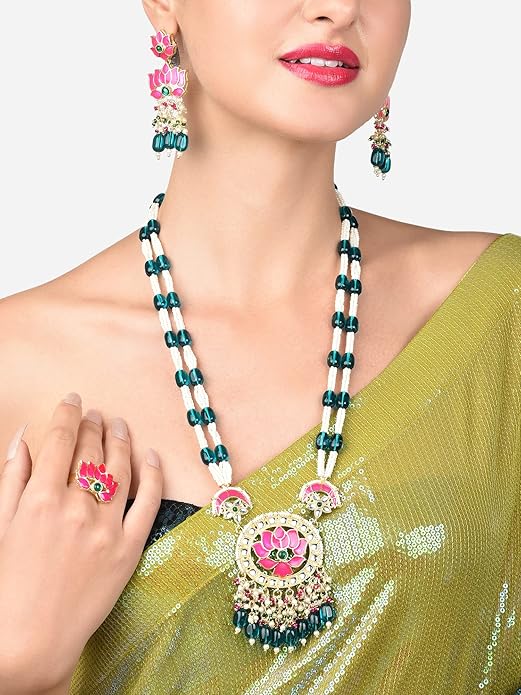 Lotus Flower Necklace Green Pink Meenakari Set