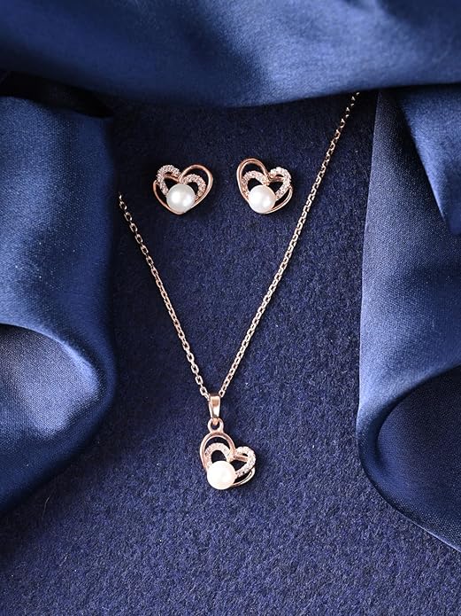 Heart with Pearl Necklace in Sterling Silver Adah Freshwater Pearl Pendant Design with Rose Gold Plated Swiss Zirconia