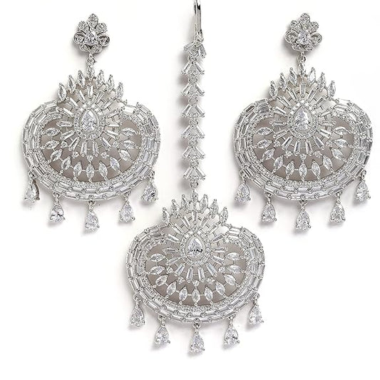 American Diamond Jewelry Set in Rhodium Plated Stylish Shiny Round Design Maang Tikka Earring Jewellery