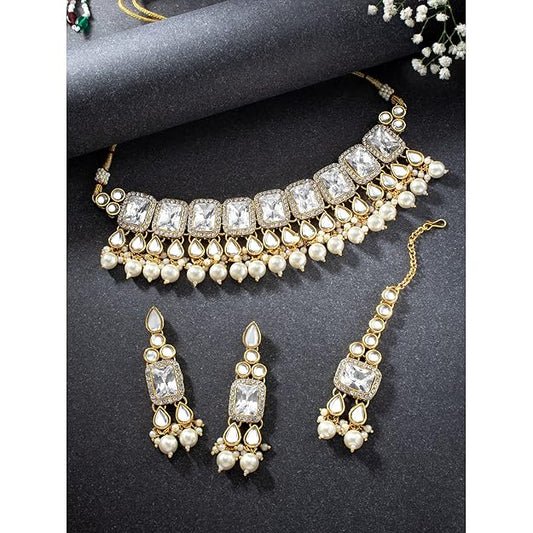 Crystal Collar Necklace in Faux Pearl and Kundan Style Necklace Jewellery Set for Women