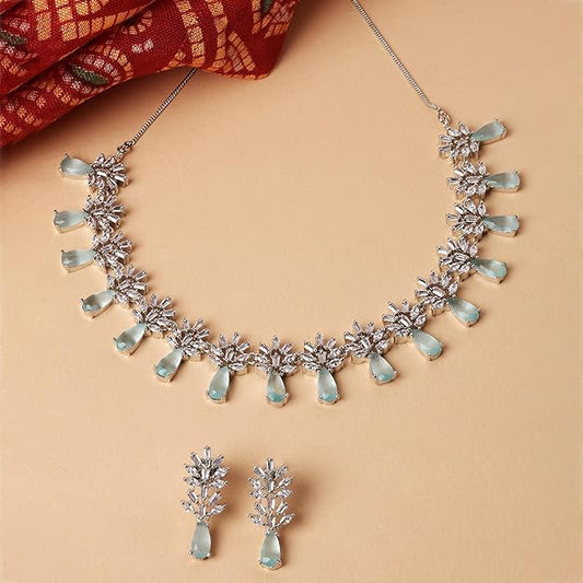 American Diamond Sets in Rhodium Plated Silver Toned Teardrop Shaped AD Studded Necklace and Earrings Jewellery Set