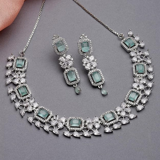 American Diamond Jewellery in Rhodium Plated Silver Toned Green and White AD Studded Necklace and Earrings Set for Women