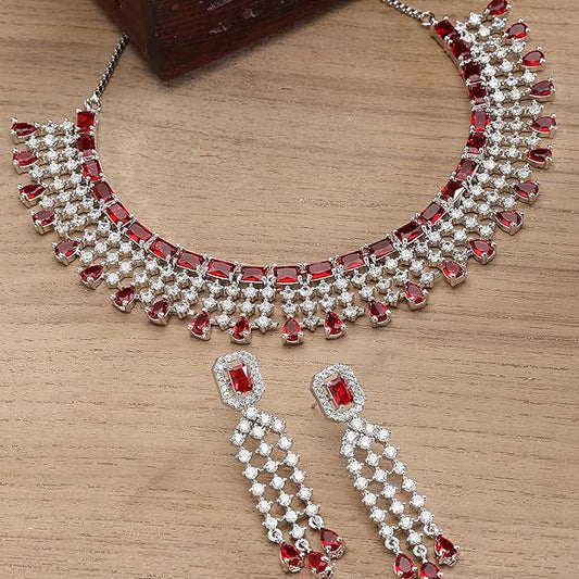 American Diamond Choker Set in Floral Design AD Studded Choker Necklace with Earrings for Women and Girls