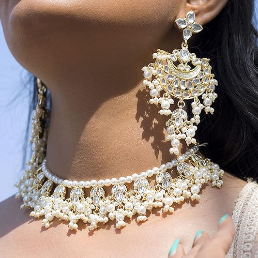 Kundan Choker Necklace White Pearl Studded Set