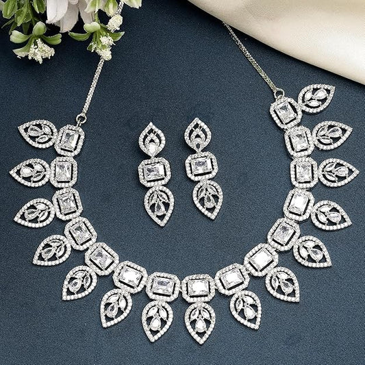 American Diamond Emerald Necklace in Leaf Style Rectangle Shaped AD Studded Rose Gold Plated Necklace Jewellery Set for Women and Girls