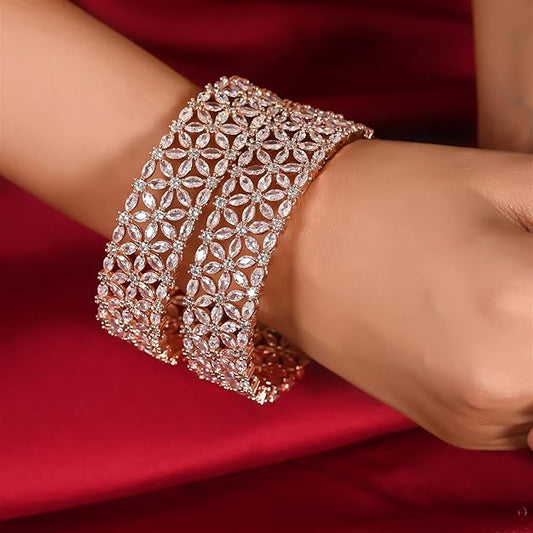 Beautiful CZ Studded Rose Gold Plated Traditional White Heavy Kada Bangles Set for Women