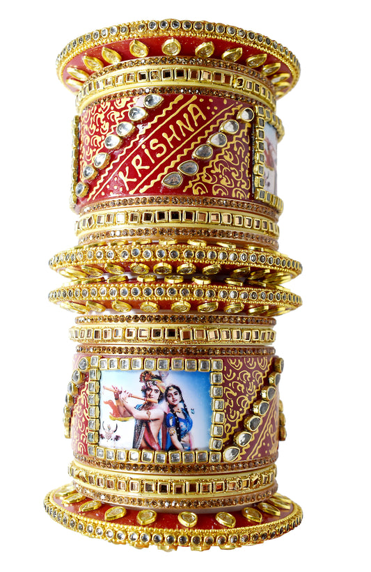 Personalized Red and Golden Hand Painted Names and Couple Photo Chuda Bangles for Women (Round Bindi, 2.4)