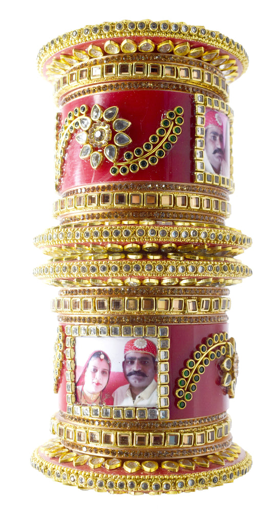 Bridal Handcrafted Personalised Rajasthani Rajputi Photo Kangan/Chudas Set With Green Leaves for Women