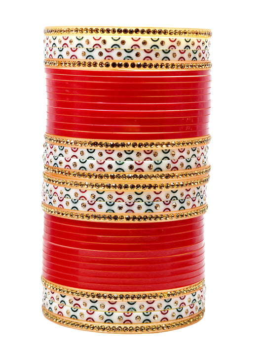 Brass & Seap Gold Plated and Pearl Chuda Bangles for Women & Girls (Red)