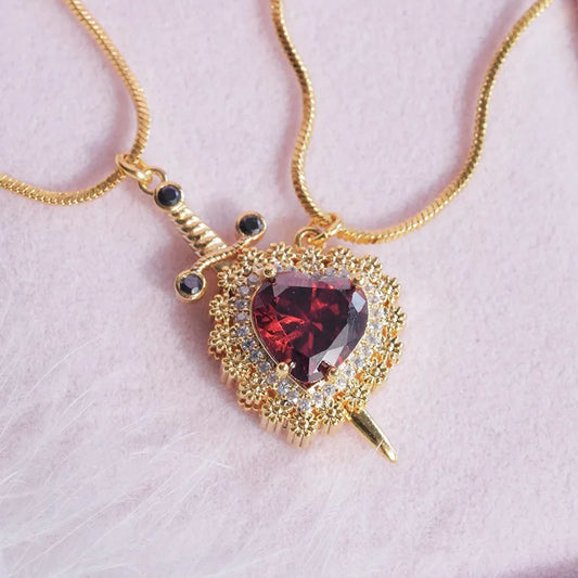 Gothic Punk One Arrow Through The Heart Creative Two Color Couple Necklace Red Rhinestone Heart Dagger Necklace