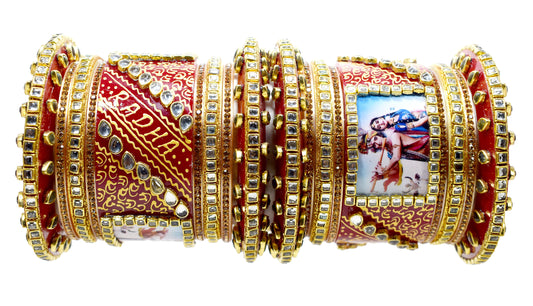 Personalized Red and Golden Hand Painted Names and Couple Photo Chuda Bangles for Women (Square Bindi, 2.4)