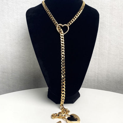 Fashion Jewelry 2026 New Slip Chain Necklace Heart O-Ring Rock Cuban Long Necklace Adjustable Heart Shaped Lock Core With Key