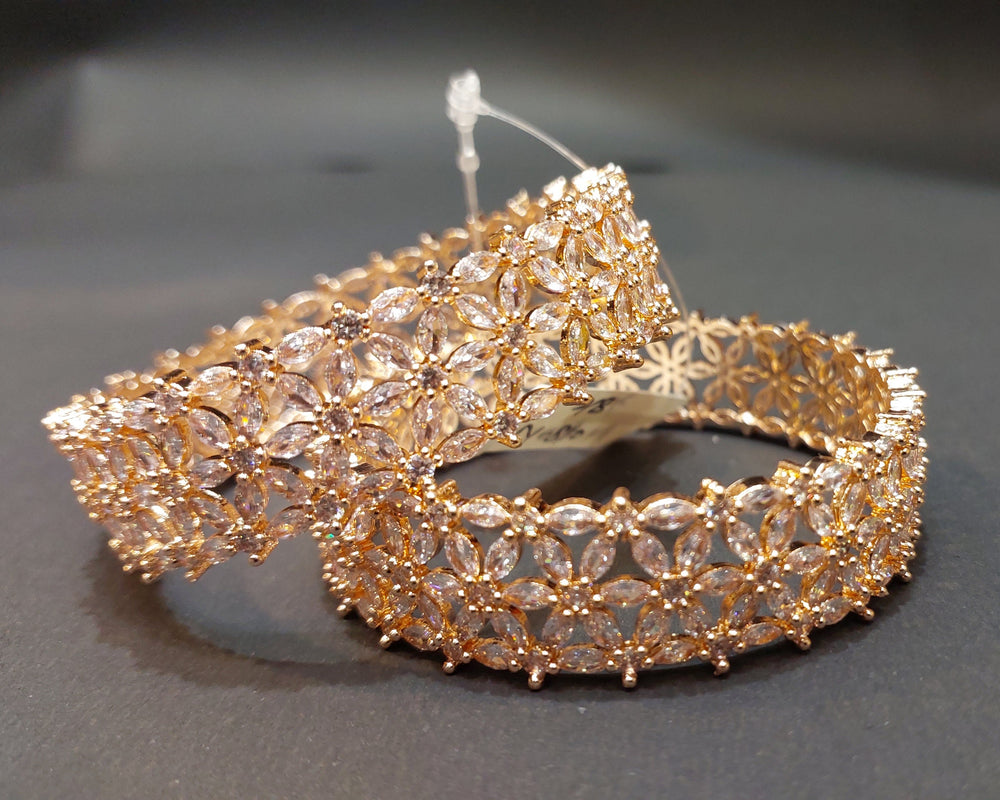 Beautiful CZ Studded Rose Gold Plated Traditional White Heavy Kada Bangles Set for Women