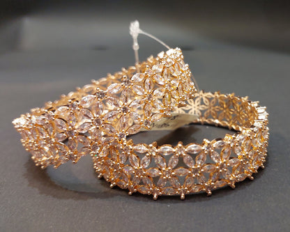 Beautiful CZ Studded Rose Gold Plated Traditional White Heavy Kada Bangles Set for Women