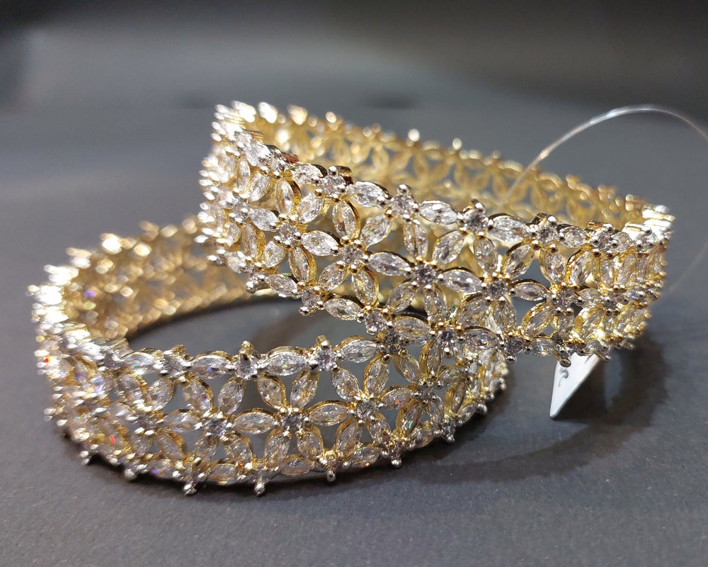 Gold-Plated White American Diamond studded Floral Shaped Bangles Jewellery Set (Set Of 2)