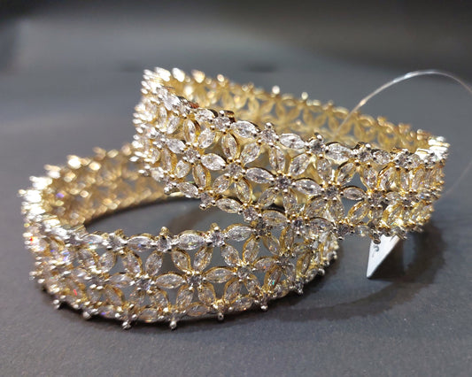 Gold-Plated White American Diamond studded Floral Shaped Bangles Jewellery Set (Set Of 2)