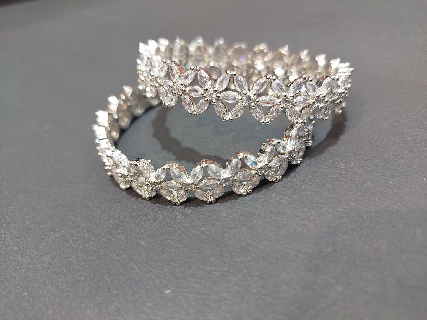 Rhodium-Plated Silver Toned White Floral American Diamond studded Bangles Jewellery Set for Girls and Women (Set Of 2)