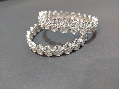 Rhodium-Plated Silver Toned White Floral American Diamond studded Bangles Jewellery Set for Girls and Women (Set Of 2)