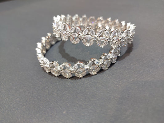 Rhodium-Plated Silver Toned White Floral American Diamond studded Bangles Jewellery Set for Girls and Women (Set Of 2)