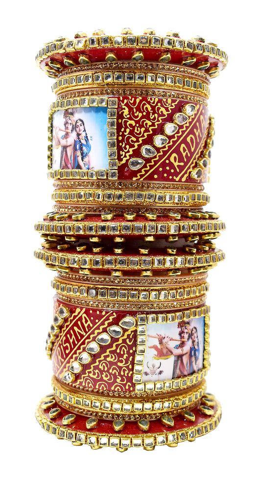 Personalized Red and Golden Hand Painted Names and Couple Photo Chuda Bangles for Women (Square Bindi, 2.4)