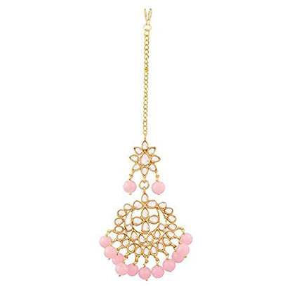 Bridal Mang Tika in Gold Plated Pearl and Kundan Studded Earring Set